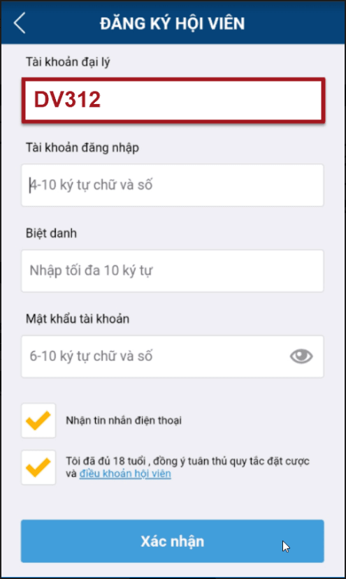Lập tài khoản trên điện thoại di động